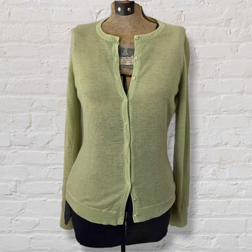 Elie Tahari Green Cashmere Long Sleeve Button Up Cardigan Floral Silk Lined